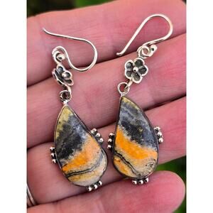 Vintage Sterling Silver Bumblebee Jasper Teardrop Shaped Dangle/Drop Earrings